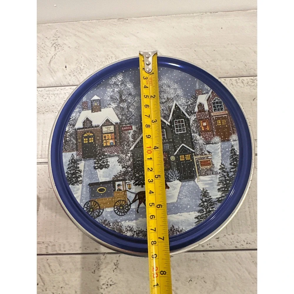 Sams Choice Butter Cookies Tin Winter Village Scene Blue Snowflake Holiday Decor
